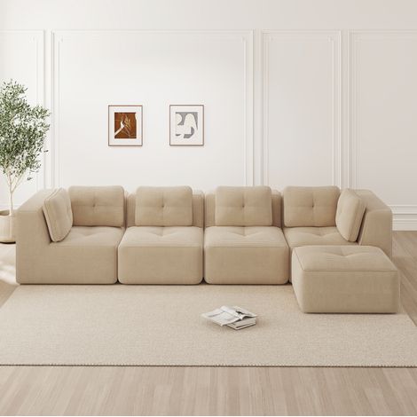 Sofá rinconero modular 4 plazas, asiento profundo 74 cm, tejido pana beige, sin montaje DESVIAE (1/5)