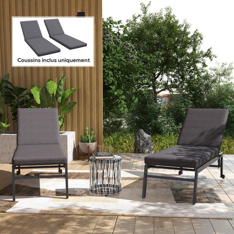 Lot de 2 Matelas pour Chaise Longue transat Bain de Soleil avec Sangles d'attache pour Jardin Gris foncé