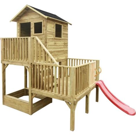 casetta da giardino per bambini in legno domus "hubert" con scivolo e sabbiera 226,5x176x272 cm (1/4)