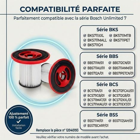 KGC 2 Pièces Filtres 12040193 pour Aspirateur Sans Fil Bosch Unlimited Serie 7, Filtre HEPA Lavable de Rechange Compatible avec BKS711XXL BBS711W BBS712A BCS711GB BKS711MALL (1/4)