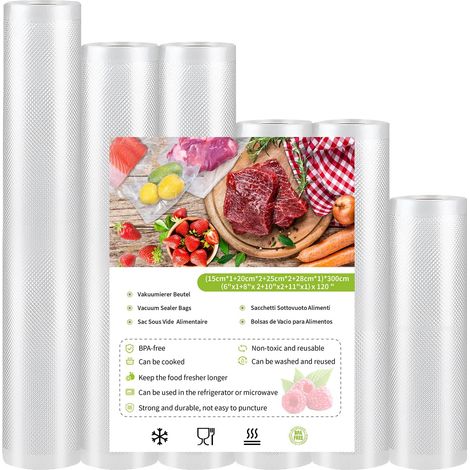 Lot de 6 rouleaux de sacs sous vide pour aliments (15 + 20 x 2 + 25 x 2 + 28 cm) x 300 cm, sans BPA, pour sous-vides, cuisine, conservation des aliments (1/5)