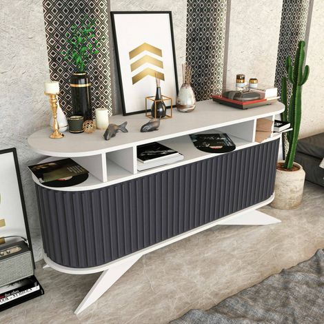 Dmora - Kommode Zaurak, Wohnzimmerbuffet, Wohnzimmer-Sideboard, Moderne Küchen-Speisekammer, 150x43h75 cm, Weiß und Anthrazit, mit verstärkter Verpackung (1/5)