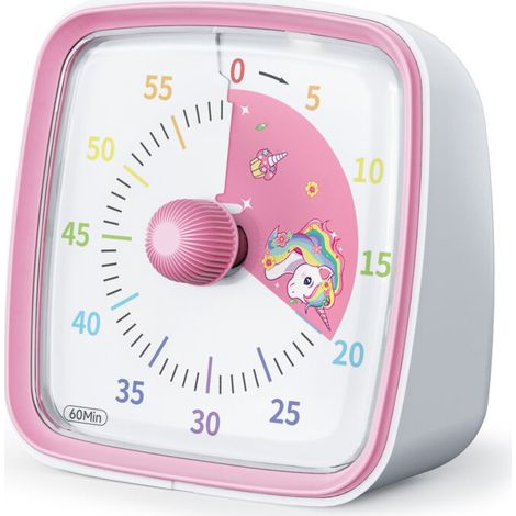 Minuteur 60 minutes avec veilleuse, motif licorne, minuteur Pomodoro visuel pour la maison, l'école et la cuisine, rose