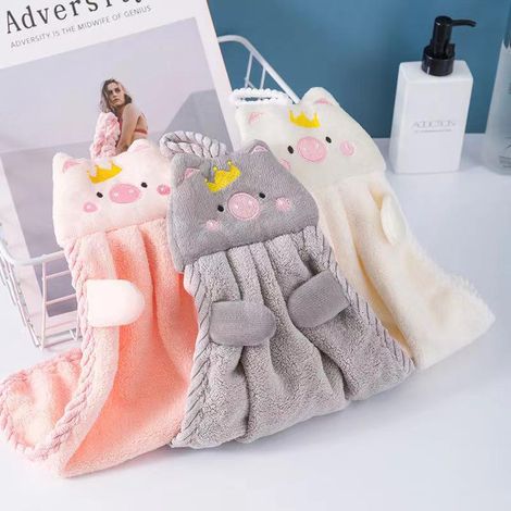 4 Lot de Serviettes Suspendues Cochon Colorées Ultra Absorbantes Séchage Rapide Épaisses Double Couche Mains Mignon Cadeau (1/5)