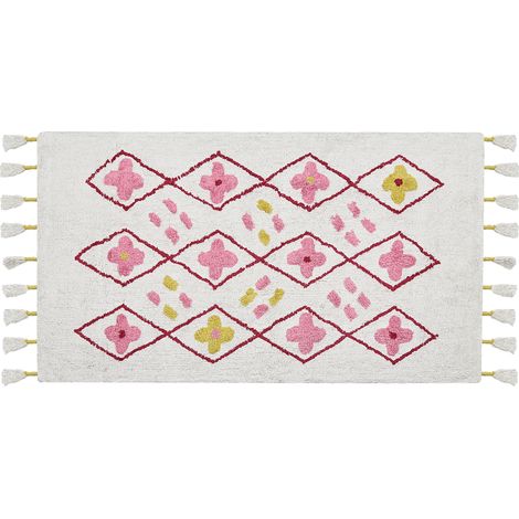 Alfombra de algodón blanco rosa amarillo 80 x 150 cm geométrico borlas Cavus