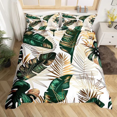 Parure de lit 3 pièces avec housse de couette sur le thème des feuilles tropicales, feuilles vertes dorées, pour enfants, housse de couette d'été, pour lit super king size (1/5)
