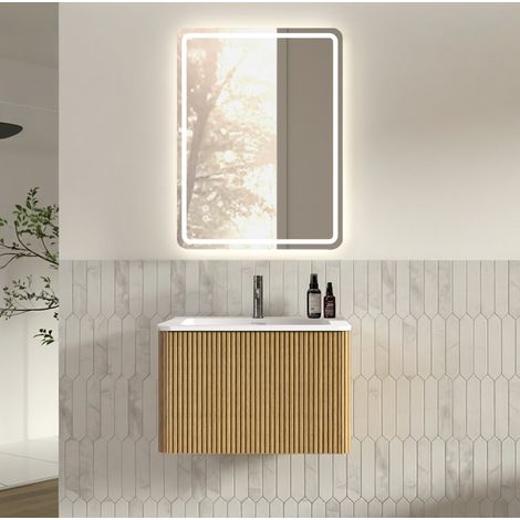 Conjunto de mueble de baño con espejo 60x80 cm, diseño flotante, lavabo integrado, MDF, roble (1/5)