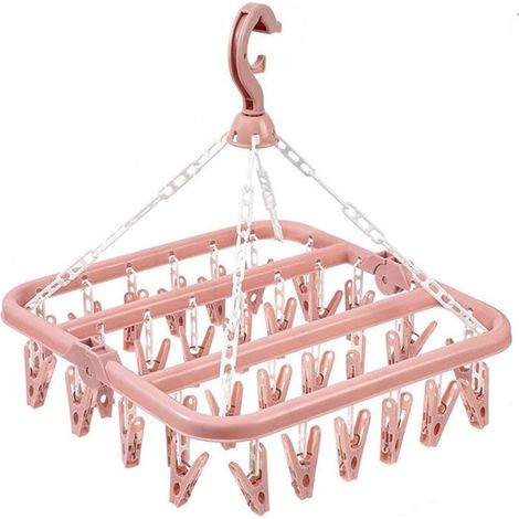 Portant à vêtements suspendu avec 32 pinces roses, résistant au vent, pour chaussettes/sous-vêtements (1/5)