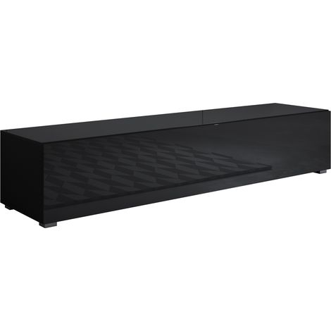 Muebles Bonitos – Meuble TV noir brillant 160 x 32 x 40cm – 1 porte – Panneaux mélamine – Design contemporain – 3 compartiments de rangement (1/4)