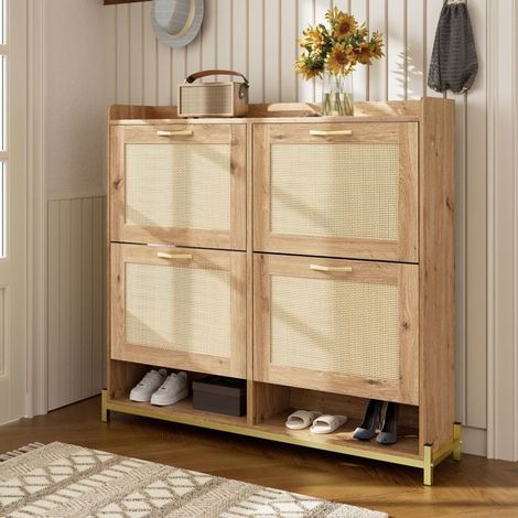 Meuble à chaussures 110x20x100, 4 portes rotin, armoire à chaussures, structure métal, étagère supérieure, format compact (1/5)