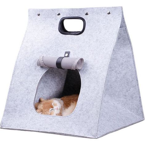 Niche pour chat en feutre, amovible, lavable, pliable, sac de couchage intégré pour chats, chatons, chiots, gris (1/5)