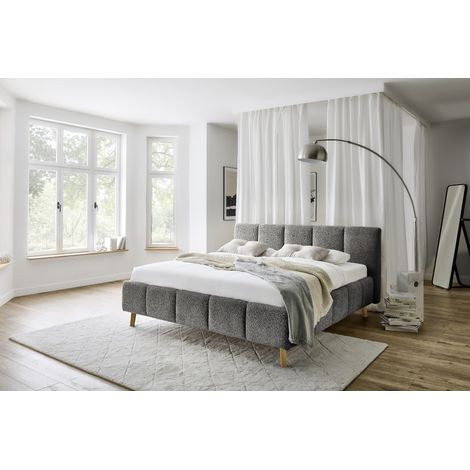 Meise Möbel Stauraumbett Alva 160x200 cm Bettkasten & Lattenrost Bouclé-Stoff Graphit Holzfuß eichefarbig (1/5)