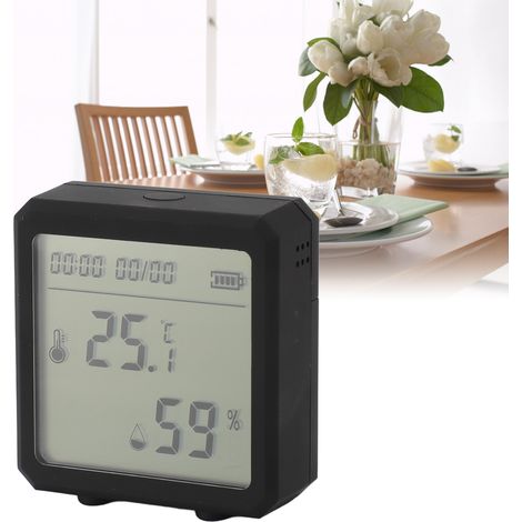 Thermomètre Hygromètre WiFi avec Alarmes, Support Vocal, Ecran LCD, ABS, Noir, 6x6.3x2.5cm, 3 AAA Batteries Exclues, -10℃-55℃, 10%-99%RH, pour Maison Intelligente Google Assistant (1/5)