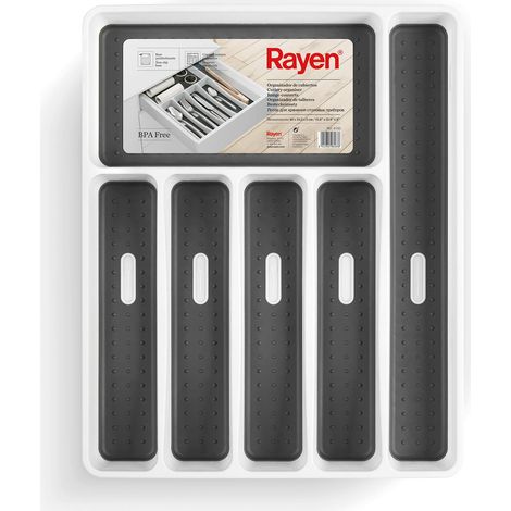 Rayen Organizzatore di posate 6 scomparti Organizzatore per cassetti da cucina Piedini antiscivolo Prolipopilene Bianco Misura: 40 x 32,5 x 5 cm (1/5)