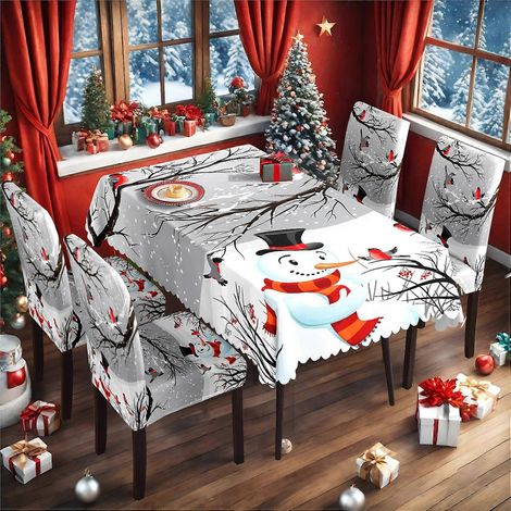 Ensemble nappe et housses de chaises de Noël rétro à motif bonhomme de neige TC-165 (nappe imperméable 140 x 210 cm + 4 housses de chaises) (1/4)