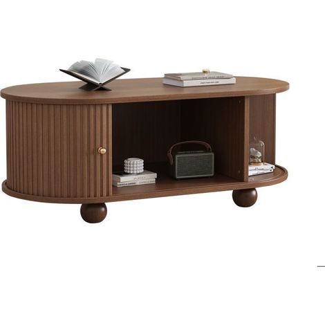 Table basse 100x50x40, noyer avec rangement et portes coulissantes multifonction compact table basse bois (1/5)