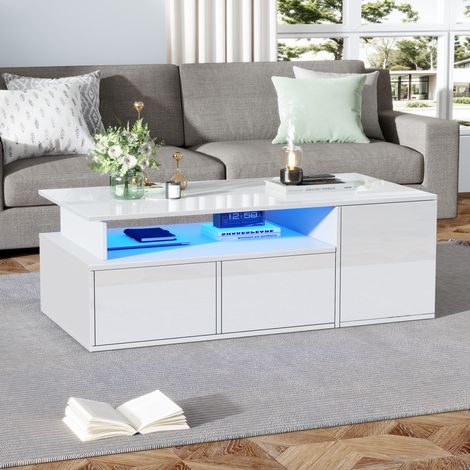 Couchtisch 100 x 50 x 35 cm mit LED, 2 Schubladen, 3 Ebenen, weiß HAVRYA (1/5)