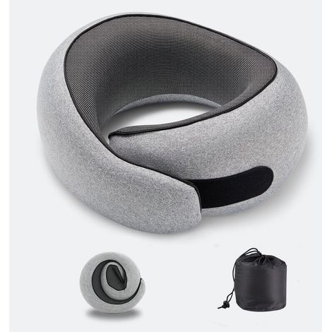 Oreiller de voyage, oreiller de cou de voyage 100% pure mousse à mémoire de forme, support de cou d'avion, Design ergonomique, idéal pour dormir avion, cabine, vol de bureau pour adultes, gris (1/5)