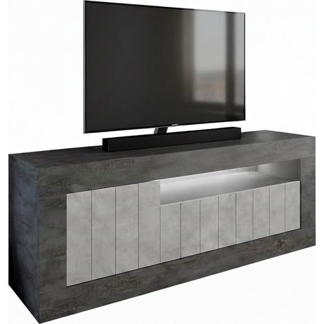 Mobile TV Basso In Melaminico Con Anta Laterale E A Ribalta Vano A Giorno Ripiani Mensole Interne Design Moderno Senza Maniglie Soggiorno Living Salotto 136.9 x 41.8 x 56 Cm Ossido e Grigio Cemento