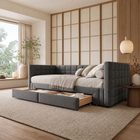 Divano letto modulare 90x200 cm in velluto grigio con contenitore (1/5)