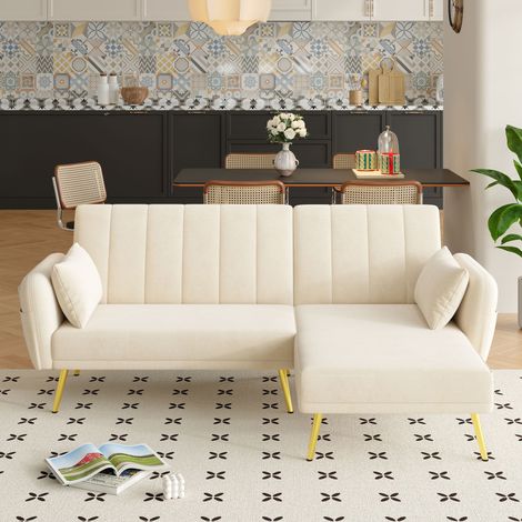 Canapé d'angle en L 191.5x130x80 cm  réglable 3 positions Canapé-lit convertible avec rangement  Pieds en métal Velours Beige