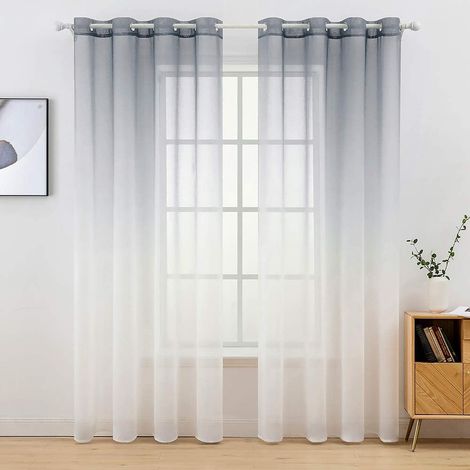 Lot de 2 Voilages Dégradé à Oeillet Rideaux Moustiquaires de Fenêtre en Polyester de Couleur Changée Voile Ombre Demi-Transparent Décoration pour Salon Chambre Bureau 140x245cm LxH Gris (1/5)