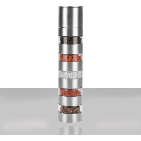 Set di 5 mini barattoli per spezie in 1 con macinapepe manuale, macinasale e contenitore trasparente per 5 bottiglie - Perfetto per picnic, barbecue e viaggi.