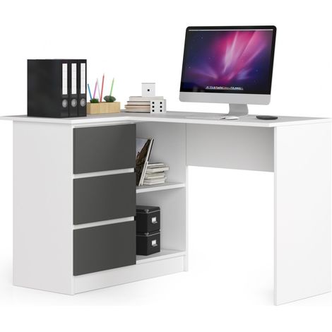 Escritorio esquinero AKORD B16 Blanco 124 cm con lado izquierdo 3 cajones frente en color Grafito Gris 2 estantes 124x85x77 cm