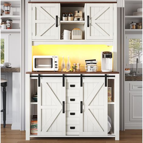 Sideboard de cuisine MDF et métal blanc 115x40x174,7 cm, rangements multiples, portes coulissantes et éclairage LED (1/5)