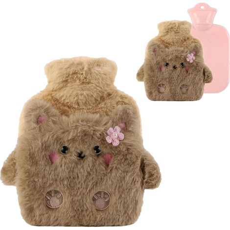 Bouillotte Eau Chaude 500ML 3D Bouteille d'eau Chaude avec Housse Mignon peluche bouillotte Bouillotte Peluche Amovible et Lavable pour Cadeaux pour enfants, Bébés, Adultes(Ours) (1/5)