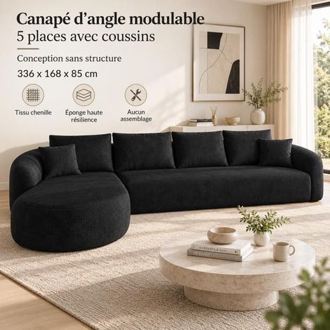 Canapé Modulable 336x168x85cm Noir Forme L Sans Montage - Canapé d'angle - 5 Places Tissu Chenille Sans Cadre Mousse Confort (1/5)