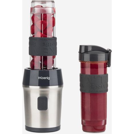 HKoenig SMOO9 Batidora de Vaso Portátil, Smoothie Maker, Mini Batidora Para Zumos, Batidos, Smoothies, Capacidad de 570 mL, 300 W, Incluye 2 Botellas Deportivas Portátiles, Acero Inoxidable