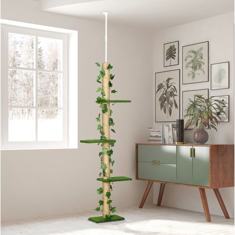 Albero tiragraffi da soffitto regolabile 202-242 cm con anti-ribaltamento, juta, verde DESVIAE (1/5)