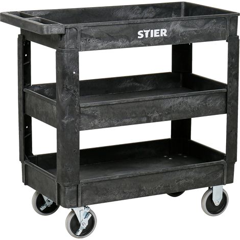 STIER Kunststoff-Vielzweckwagen, 3 Etagen, 250kg Tragkraft, 87x43x85cm, 2 Feststeller, Montagewagen, Werkzeugwagen, Rollwagen robust, tool cart, Mehrzweckwagen