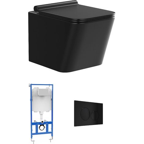 Pacchetto WC sospeso in Ceramica Nero opaco con telaio e piastra di attivazione tonda - CLEMONA