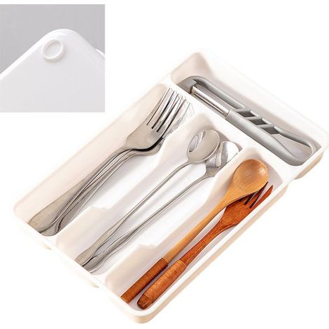 Caja organizadora de cubiertos, bandeja y separador para cuchillos, tenedores y cucharas - 27 x 17,7 x 3,5 cm - para cuchillos y tenedores de cocina - Blanco (1/5)