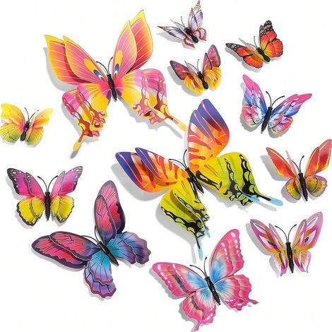 Décoration murale papillon 3D, double couche, autocollant pour fête, casier, réfrigérateur, réutilisable, multicolore, 72 pièces (1/4)