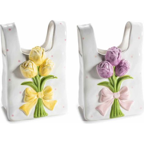 Vasoi in ceramica a borsetta / cestino con tulipani colorati in rilievo, set da 2 pezzi, cm 14,5 x 9,5 x 20,5 H