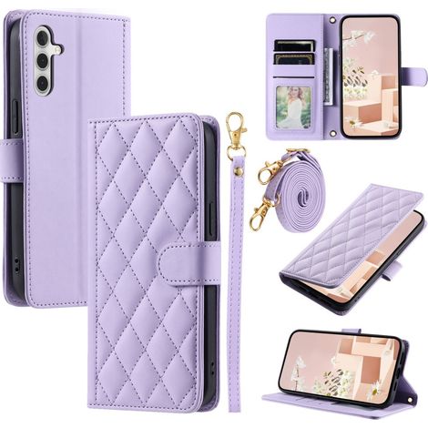 Funda tipo libro para Samsung Galaxy S25, de piel con diseño de rombos, color morado. (1/5)