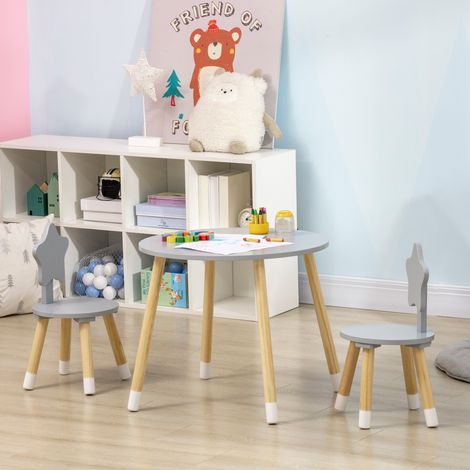 HOMCOM Kinder-Holzmöbelset mit Tisch und 2 Stühlen, runder Tisch Ø 59 x 50 cm und Stühle Ø 28 x 51 cm, Kindermöbel, Grau (1/5)
