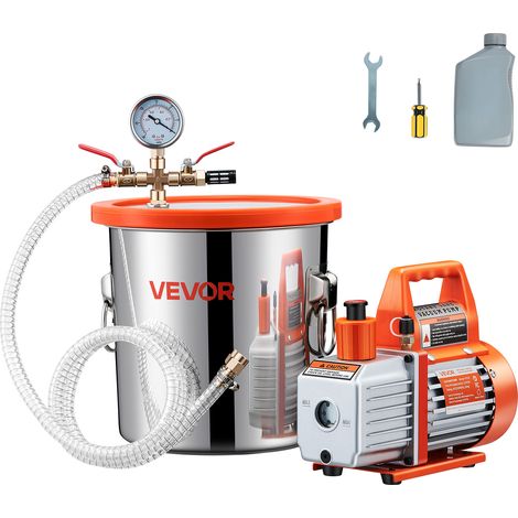 VEVOR Bomba de Vacío de 110 L/min con Cámara de Vacío Desgasificadora Acero Inoxidable de 11,36 L, Cubierta de Vidrio Templado, Kit de Bomba de Vacío de 1 Etapa con Manguera de 1,5 m y Aceite (1/5)