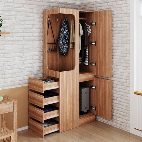 Schmaler Kleiderschrank mit 4 Schubladen und offenem Hängebereich, eintüriger Garderobenschrank für Schlafzimmer, Holzfarbe/Weiß, 70x40x170 cm (1/5)