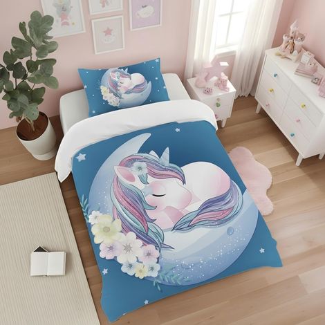Parure de lit pour enfant 100 x 135 cm en microfibre - Motif licorne bleue - 2 pièces - Housse de couette et taie d'oreiller de 40 x 60 cm - Avec fermeture éclair (1/5)