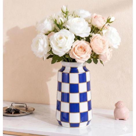 Vase en céramique bleu et blanc, vases à damier modernes du milieu du siècle pour composition florale et herbe de pampa, vase à damier noir et blanc pour table à manger, table de cuisine, décoratif (1/5)