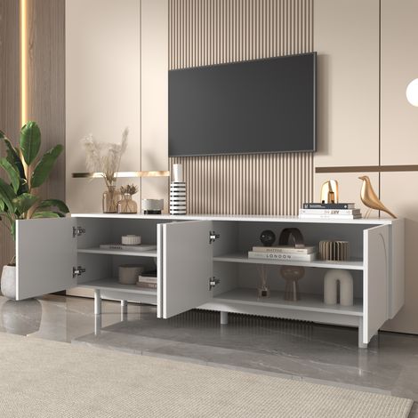 Mobile TV 197,5x39x42cm con 4 ante, per TV fino a 60 pollici, senza maniglie, ripiani regolabili, per soggiorno, truciolato, bianco (1/5)