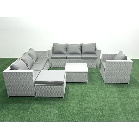 Fimous Wicker PE Rattan Sofa Garden Furniture Set with Armchair Square Coffee Table Big Footstool Light Grey Mixed (1/5)