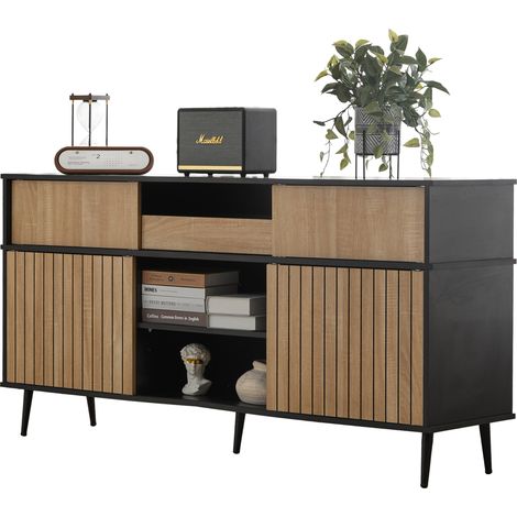 Aparador con 4 Puertas Correderas y 1 Cajón, Estantes Ajustables, en Tablero de Partículas 160×40×80 cm Negro y Natural (1/5)