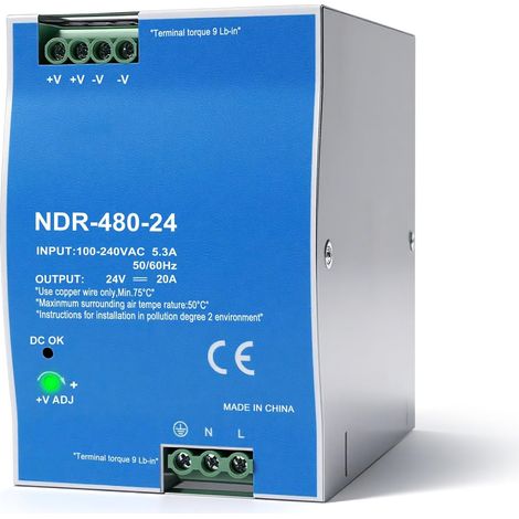 Alimentation 24V rail DIN 480W transformateur 220v 24v Entrée AC 100-240V 5,3A Sortie CC 24-v 20A Plusieurs fonctions de protection Modèle industriel NDR-480-24V. (1/5)