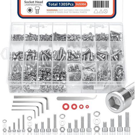 Sortiment aus 1305 metrischen Schrauben, Bolzen und Muttern-Set (Sicherungsring und Unterlegscheibe), M2 M3 M4 M5 Innensechskantschrauben, 304 Edelstahl-Muttern und Bolzen-Set mit 4-teiligem Sechskant (1/5)