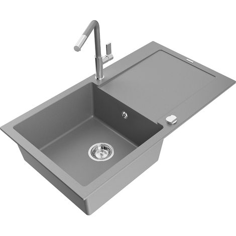 Mexen Leo fregadero de granito de 1 taz贸n con escurridor y grifo de cocina Flora, gris - 6501-71-670401-06 (1/5)